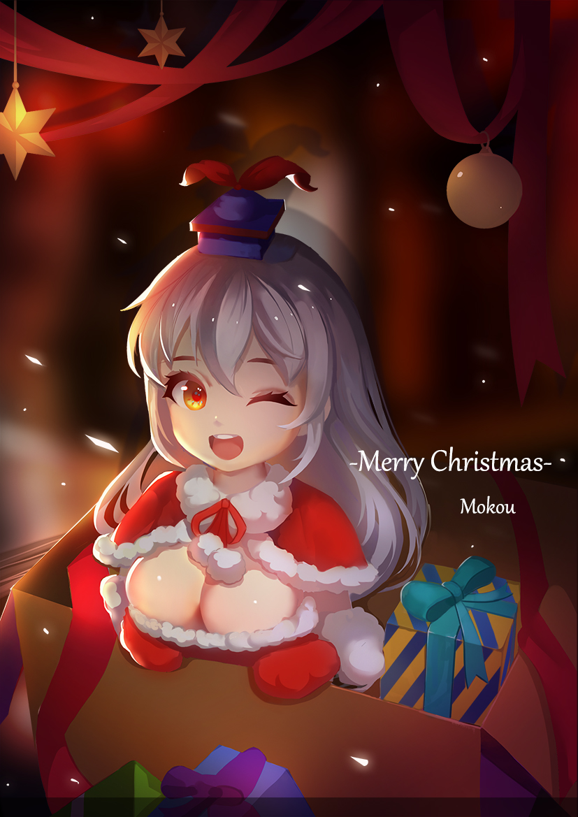 1girl ;d bangs box breasts capelet cardboard_box christmas christmas_ornaments cleavage fur_gloves fur_trim gift gift_box gloves hair_between_eyes hat in_box in_container kamishirasawa_keine long_hair medium_breasts merry_christmas one_eye_closed open_mouth red_gloves red_ribbon ribbon santa_costume santa_hat silver_hair smile solo touhou