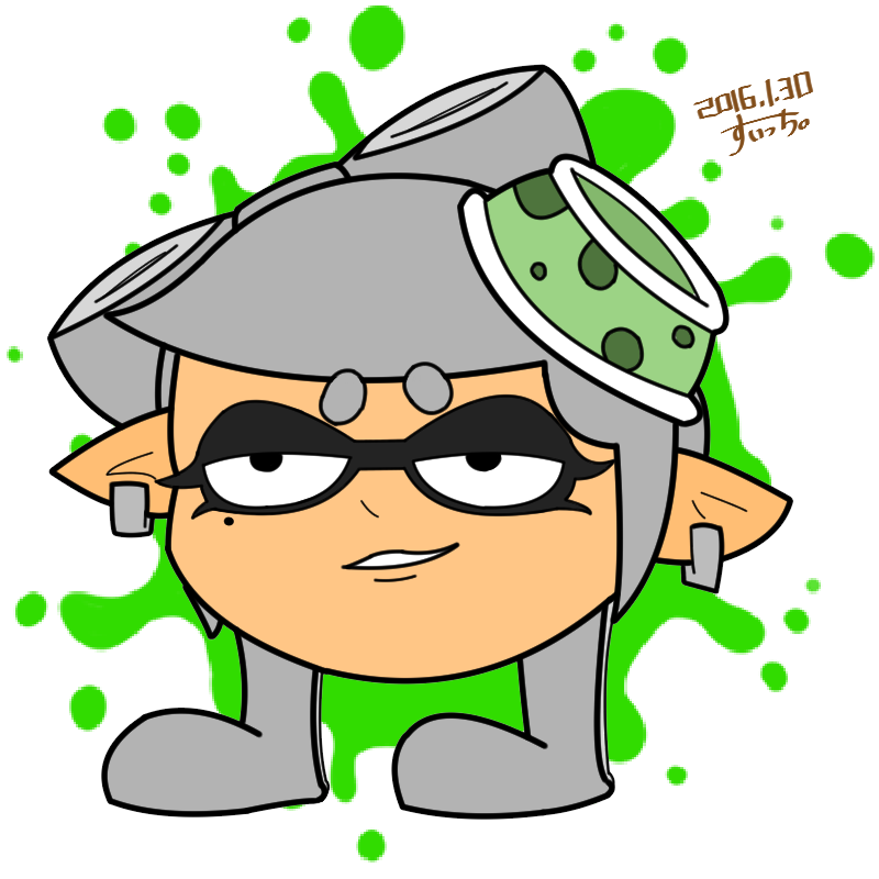 1girl bow dated domino_mask earrings eyebrows female flat_color food food_on_head hair_bow hat head hotaru_(splatoon) jewelry mask mole mole_under_eye object_on_head pointy_ears smile solo splatoon suitti tentacle tentacle_hair thick_eyebrows white_background