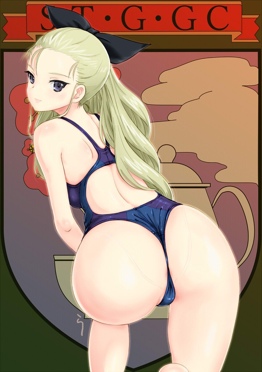 1girl ass assam back blonde_hair blue_eyes cup girls_und_panzer highres long_hair looking_at_viewer one-piece_swimsuit rasukaru smile solo swimsuit teacup teapot