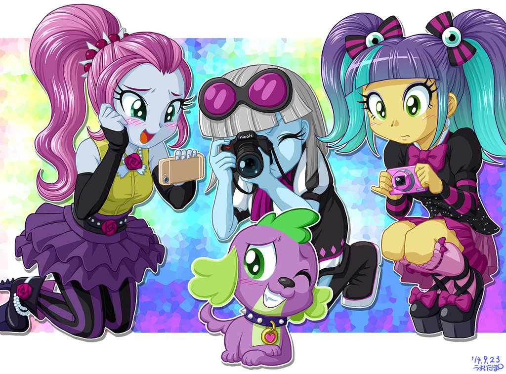 1boy 3girls dog multiple_girls my_little_pony my_little_pony_equestria_girls my_little_pony_friendship_is_magic photo_finish pixel_pizzaz spike_(my_little_pony) tagme uotapo violet_blurr
