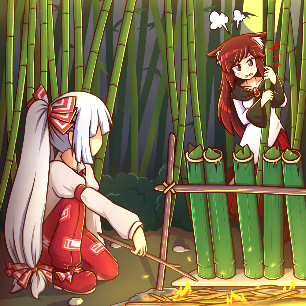 ... 2girls anger_vein angry animal_ears armband bamboo bamboo_forest brooch brown_eyes brown_hair bush collarbone comic dress fire flame forest fujiwara_no_mokou full_body full_moon fume gem hidden_eyes holding imaizumi_kagerou jewelry kneeling long_hair long_sleeves looking_to_the_side low-tied_long_hair moon moonlight multiple_girls nature night night_sky ofuda outdoors pants peeking_out plant ponytail red_pants red_shoes rock scared shoes silver_hair sky spoken_ellipsis standing star_(sky) starry_sky stick tail text tied_hair touhou translation_request upper_body very_long_hair wavy_mouth white_dress wolf_ears wolf_tail wool_(miwol)