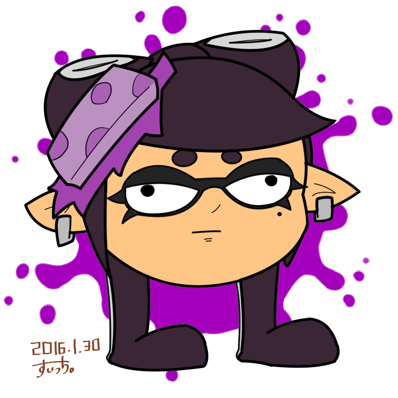 1girl aori_(splatoon) black_hair dated domino_mask earrings expressionless eyebrows female flat_color food food_on_head head jewelry mask mole mole_under_eye object_on_head pointy_ears solo splatoon suitti tentacle tentacle_hair thick_eyebrows what white_background