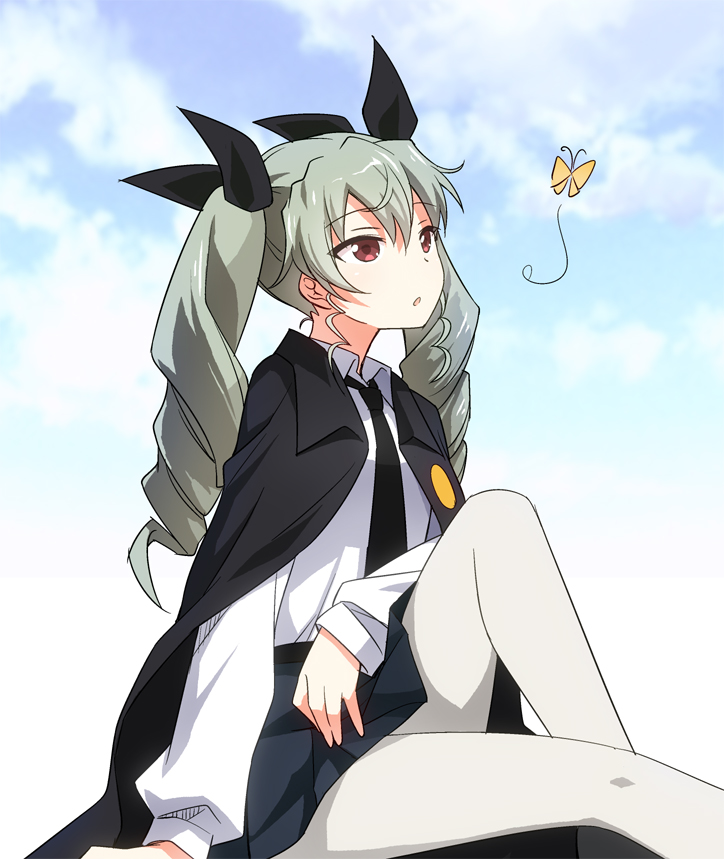 1girl anchovy arm_support blush butterfly cape clouds dress_shirt drill_hair girls_und_panzer green_hair hair_ribbon long_hair long_sleeves looking_up necktie open_mouth pantyhose pleated_skirt red_eyes ribbon school_uniform shirt sitting skirt sky solo twin_drills twintails umekichi uniform white_legwear white_shirt