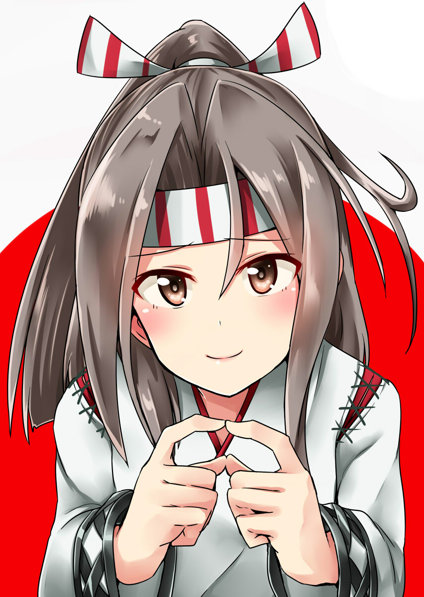 blush brown_eyes brown_hair close-up fingers_together hand_gesture head_tilt headband highres japanese_clothes kamelie kantai_collection kimono long_hair long_sleeves looking_at_viewer pink_lips ponytail simple_background smile two-tone_background upper_body wide_sleeves zuihou_(kantai_collection)
