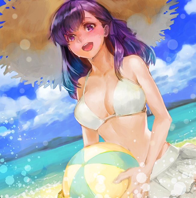 1girl ball bare_shoulders beachball bikini bikini_skirt bikini_top blue_sky blush breasts brown_hat cleavage clouds coast collarbone cute darumaya_(rikky_potty) day fate/stay_night fate_(series) hat heaven's_feel holding_ball horizon long_hair looking_at_viewer matou_sakura medium_breasts midriff navel ocean purple_hair sand shore skirt sky solo stomach straw_hat summer water water_drop wet white_bikini_top white_skirt