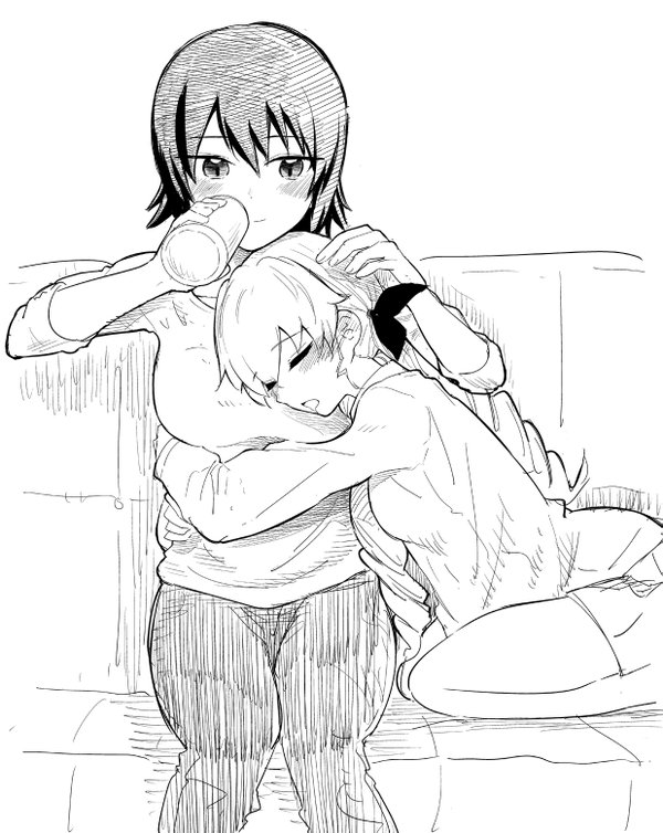 2girls anchovy bangs bare_legs blush braid breast_pillow breasts couch cup drooling girls_und_panzer hair_ribbon head_on_chest holding holding_cup hug monochrome multiple_girls nishizumi_maho pants petting ribbon short_hair sketch sleeping sleeping_on_person smile twin_braids twintails yawaraka_black