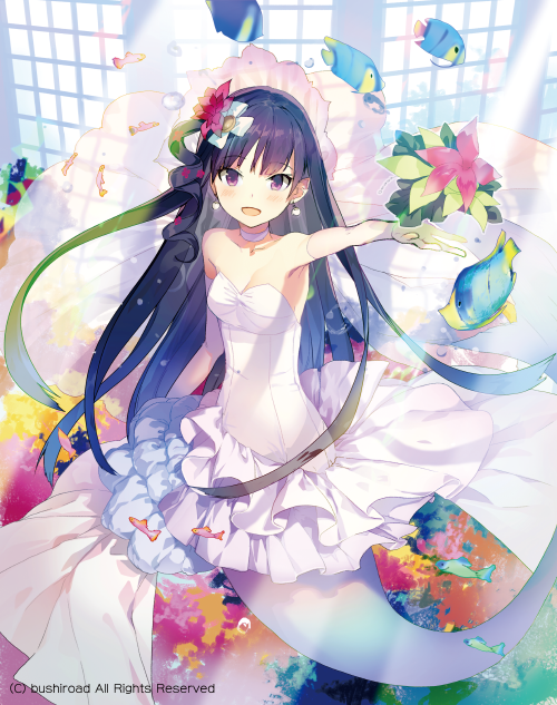 1girl :d akinashi_yuu bare_shoulders blue_hair blush bouquet bridal_veil bubble cardfight!!_vanguard choker collarbone copyright dress earrings elbow_gloves fish flower gloves hair_flower hair_ornament long_hair looking_at_viewer mermaid monster_girl official_art one_side_up open-back_dress open_mouth original outstretched_arm smile strapless tropical_fish underwater veil very_long_hair violet_eyes water wedding_dress white_gloves