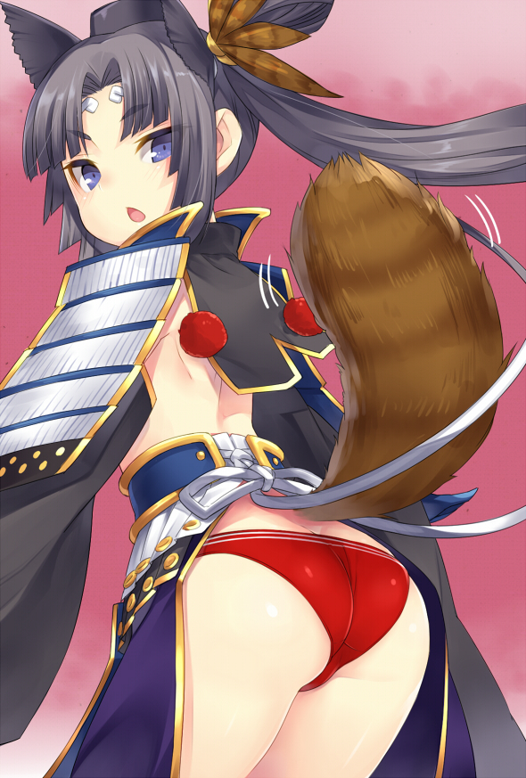 1girl armor ass back black_hair blue_eyes blush fate/grand_order fate_(series) hat japanese_armor looking_at_viewer looking_back open_mouth ponytail raccoon_tail revealing_clothes solo tail torimaru ushiwakamaru_(fate/grand_order)