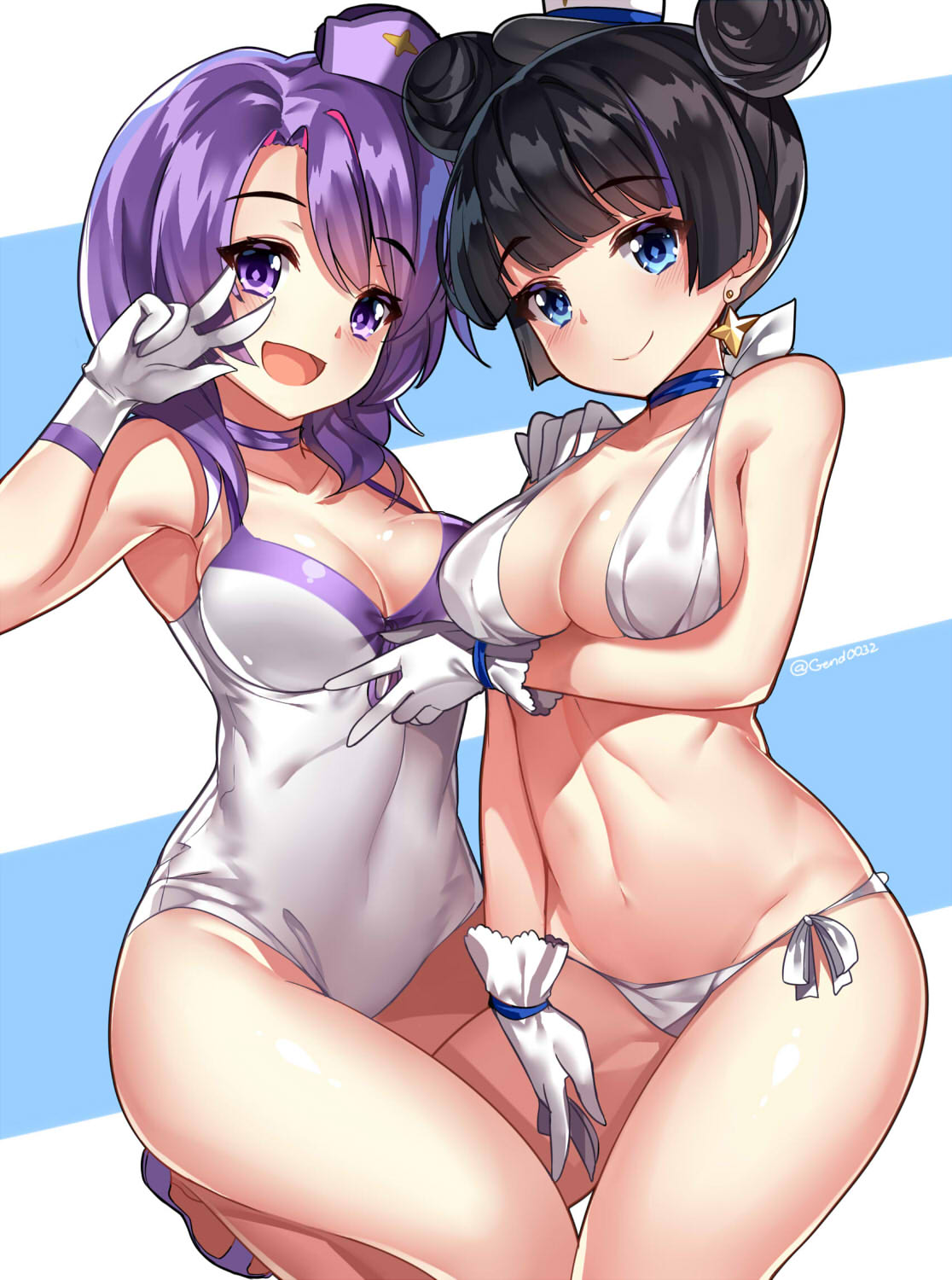 2girls :d artist_name bangs bare_legs bikini black_hair blue_eyes blunt_bangs blush breast_hold breasts casual_one-piece_swimsuit choker cleavage closed_mouth collarbone cowboy_shot double_bun earrings female gendo0033 gloves grey_swimsuit hand_gesture hand_on_another's_shoulder hands_up hat highres houkago_no_pleiades itsuki_(houkago_no_pleiades) jewelry leg_up looking_at_viewer medium_breasts mini_hat multiple_girls nanako_(houkago_no_pleiades) navel no_legwear one-piece_swimsuit open_mouth purple_hair purple_hat purple_shoes shoes short_hair smile standing standing_on_one_leg star star_earrings stomach swimsuit thighs two-tone_background v_over_eye violet_eyes white_bikini white_gloves white_hat