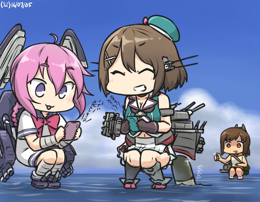 3girls :3 ^_^ ahoge beret black_gloves blue_sky braid brown_hair cannon cellphone closed_eyes clouds commentary dated dress gloves grin hair_between_eyes hair_ornament hairclip hamu_koutarou hat headgear horizon i-401_(kantai_collection) kantai_collection machinery maya_(kantai_collection) multiple_girls nenohi_(kantai_collection) ocean phone pink_hair pleated_skirt remodel_(kantai_collection) sailor_collar sailor_dress shaded_face short_hair short_ponytail short_sleeves single_braid skirt sky sleeveless smartphone smile squatting standing standing_on_liquid swimsuit swimsuit_under_clothes torpedo translation_request x_hair_ornament