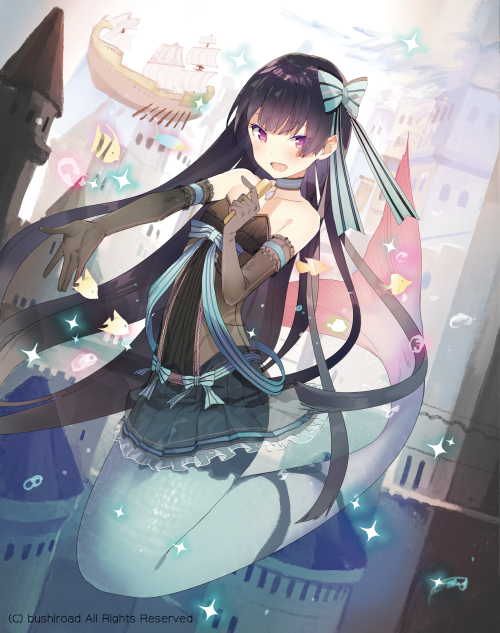 :d akinashi_yuu bangs black_gloves blunt_bangs blush boat cardfight!!_vanguard castle choker copyright dress elbow_gloves fins gloves hair_ornament hair_ribbon long_hair looking_at_viewer mermaid microphone monster_girl music open_mouth original outstretched_arm ribbon scales ship singing smile sparkle strapless strapless_dress underwater very_long_hair violet_eyes watercraft