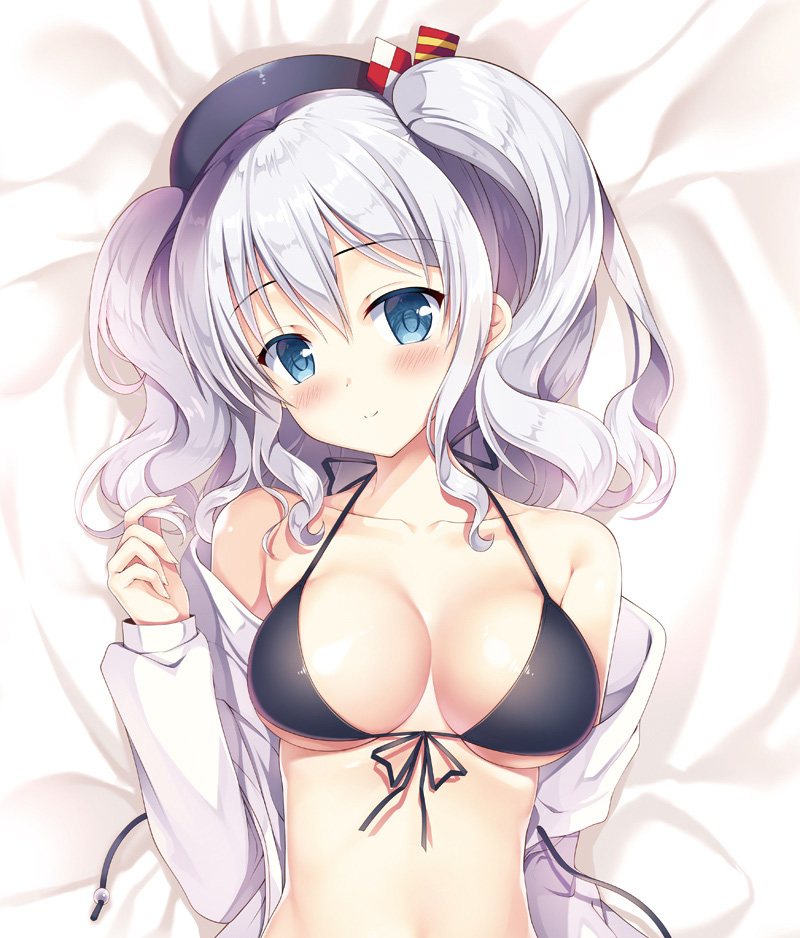 1girl bare_shoulders bed_sheet beret bikini bikini_top black_bikini black_bikini_top black_hat blue_eyes blush breasts cleavage closed_mouth collarbone from_above hat head_tilt kantai_collection kashima_(kantai_collection) large_breasts looking_at_viewer off_shoulder open_clothes open_shirt shirt silver_hair smile solo sousouman swimsuit twintails upper_body wavy_mouth white_shirt