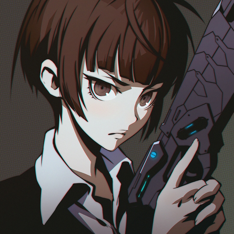 1girl brown_eyes brown_hair gun ilya_kuvshinov psycho-pass short_hair solo tsunemori_akane weapon