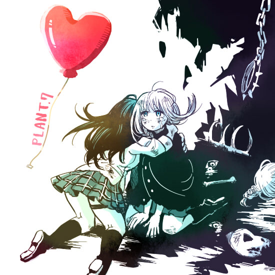 2girls back balloon black_hair blue_eyes bone boots braid chains coat collar coppelion crying crying_with_eyes_open female heart_balloon hug ikarimame itami_setsuna kneehighs kneeling long_hair looking_up miniskirt multiple_girls naruse_ibara pale_skin partially_colored plaid plaid_skirt pleated_skirt shirt skirt spiked_collar spikes spoilers tears text torn_coat white_background white_shirt