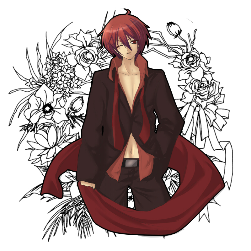 akaito belt flower hand_in_pants male minoru necktie red_eyes red_hair redhead scarf shirt vocaloid wink