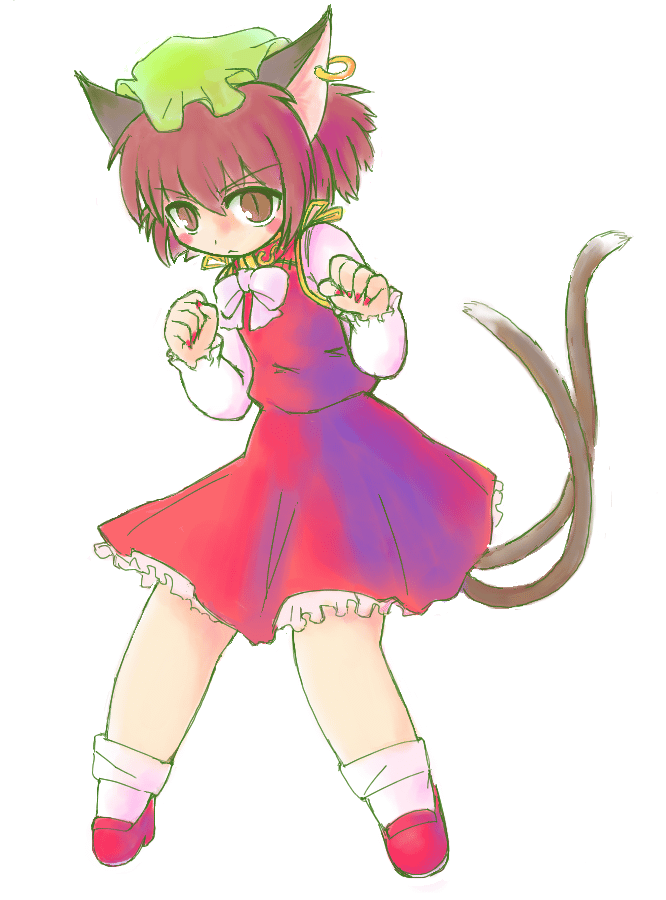 animal_ears brown_hair cat_ears cat_eyes cat_tail chen chibi earrings hat jewelry multi_tail multiple_tails short_hair slit_pupils sotto tail touhou