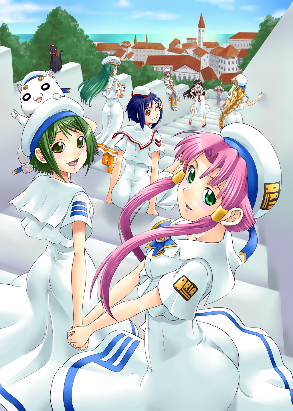 aika_granzchesta akira_ferrari alice_carroll alicia_florence ametsuchi_akino aria aria_pokoteng athena_glory black_cat cat everyone hat highres hime_granzchesta mizunashi_akari payot president_maa stairs uniform yaso_shigeru