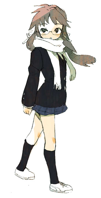 brown_hair glasses long_hair mago scarf school_uniform skirt