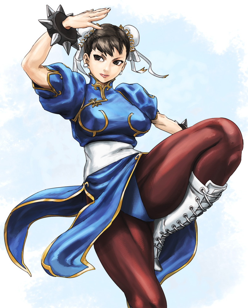 bracelet brown_eyes brown_hair bun_cover china_dress chinadress chinese_clothes chun-li double_bun earrings jewelry legs muscle pantyhose spiked_bracelet spiked_bracelets spikes street_fighter thick_thighs thighs usatarou