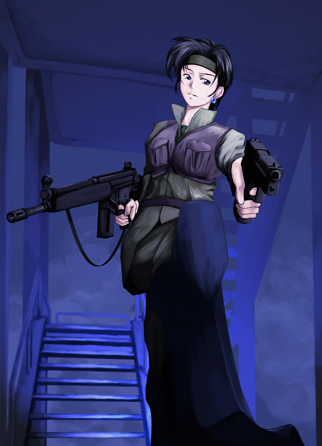 assault_rifle battle_rifle earrings g3 gun handgun headband hironari_(pixiv854809) jewelry pistol rifle short_hair sig-sauer sig_sauer vest weapon