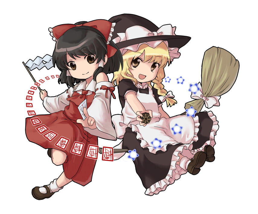 bad_id black_hair blonde_hair braid broom chibi danmaku detached_sleeves gohei hakurei_reimu hat kirisame_marisa mini-hakkero ofuda short_hair touhou witch_hat yellow_eyes