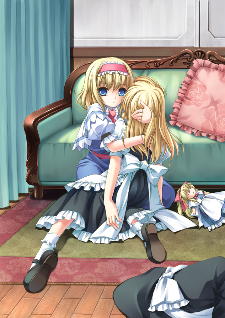 alice_margatroid blonde_hair blue_eyes couch curtains doll floral_print hairband hat hat_removed headwear_removed hug kirisame_marisa mary_janes multiple_girls no_hat no_headwear pillow ribbon rug shanghai shanghai_doll shoes sunlight takatsukasa_yue touhou unconscious witch_hat yandere |_|
