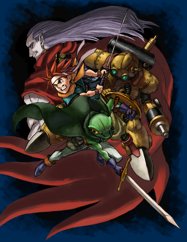 cape chrono_trigger clenched_teeth crono earrings frog gloves green_eyes headband jewelry kaeru_(chrono_trigger) long_hair looking_back magus male multiple_boys pale_skin pointy_ears red_hair redhead robo robot scarf shield smile spiked_hair spiky_hair sword weapon wristband yapo yellow_eyes