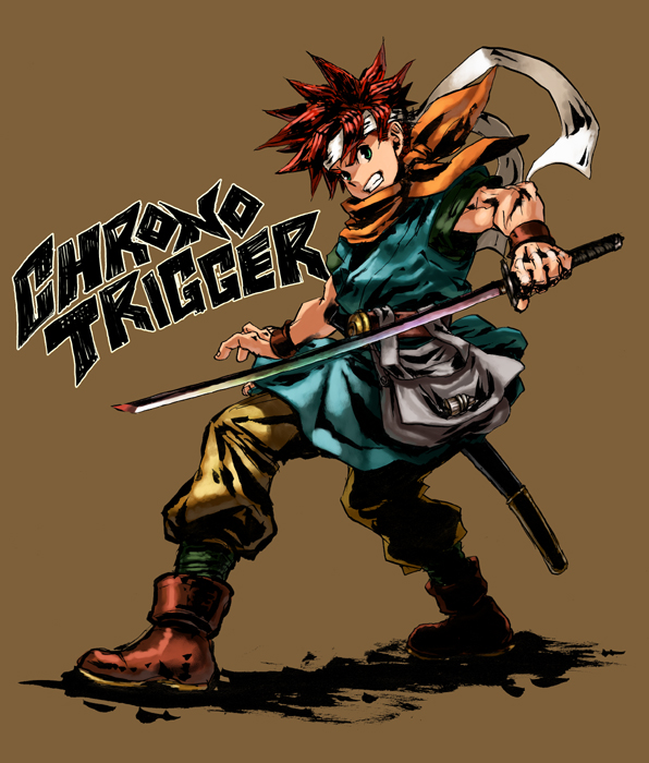 chrono_trigger crono green_eyes headband looking_back male rainbow red_hair redhead solo sword weapon wristband yapo