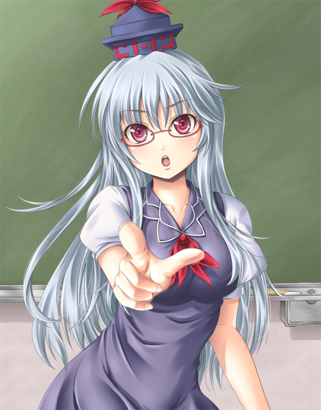 :o bespectacled chalkboard foreshortening glasses hat kamishirasawa_keine long_hair mochi.f pointing purple_eyes red-framed_glasses silver_hair touhou violet_eyes