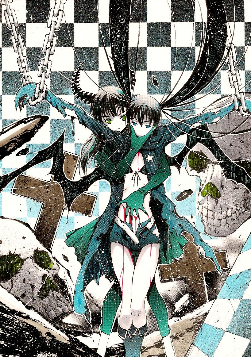 bikini_top black_rock_shooter black_rock_shooter_(character) blood blue_eyes chain chains checkerboard checkered coat cross dead_master gloves green_eyes injury leggings long_hair midriff moonsorrow navel shorts skull torn_clothes twintails wings