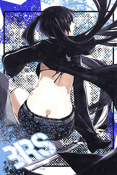 back bad_id belt bikini_top black_hair black_rock_shooter black_rock_shooter_(character) blue_eyes butt_crack coat from_behind georges_meunier long_hair midriff shorts solo sword twintails weapon