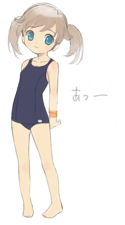 blue_eyes brown_hair child cute smile swimsuit twintails