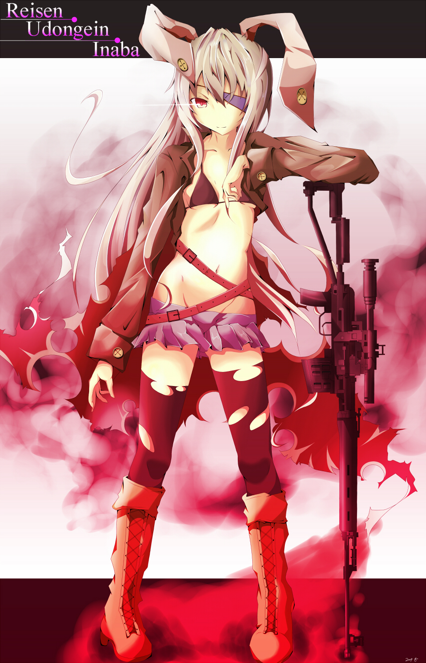 bad_id belt boots bra bunny_ears character_name coat dragunov dragunov_svd eyepatch gun highres jimo lingerie long_hair mound_of_venus navel rabbit_ears red_eyes reisen_udongein_inaba rifle silver_hair smile sniper_rifle solo thigh-highs thighhighs torn_clothes touhou underwear weapon