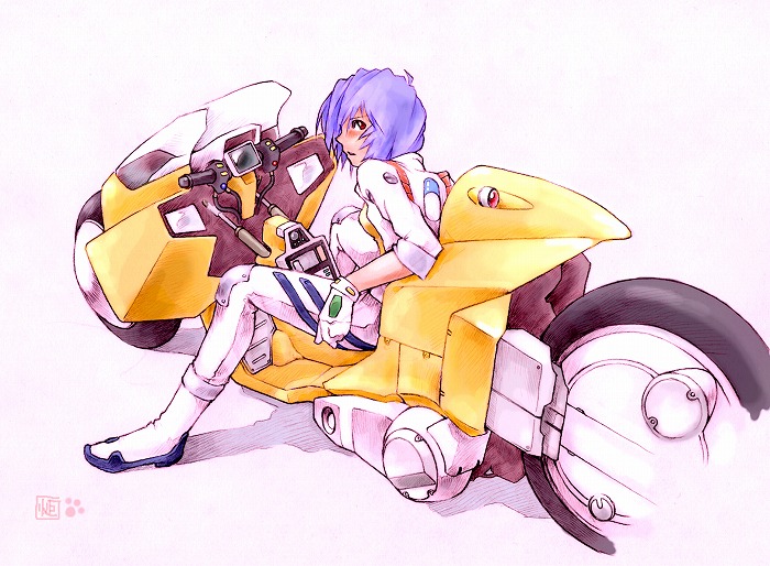 1girl akira ayanami_rei blue_hair blush crossover cyberpunk gloves kotatsu-spirit looking_back motor_vehicle motorcycle neon_genesis_evangelion parody pill plugsuit science_fiction shadow short_hair signature sketch vehicle white_background