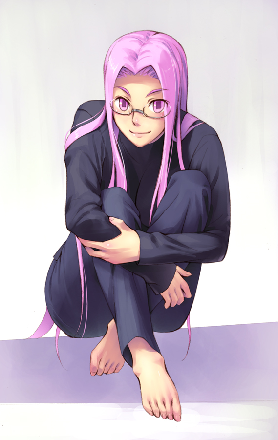 barefoot fate/stay_night fate_(series) feet glasses jeans knee_hug leg_hug long_hair looking_at_viewer pink_eyes pink_hair rider sitting smile solo tani toes