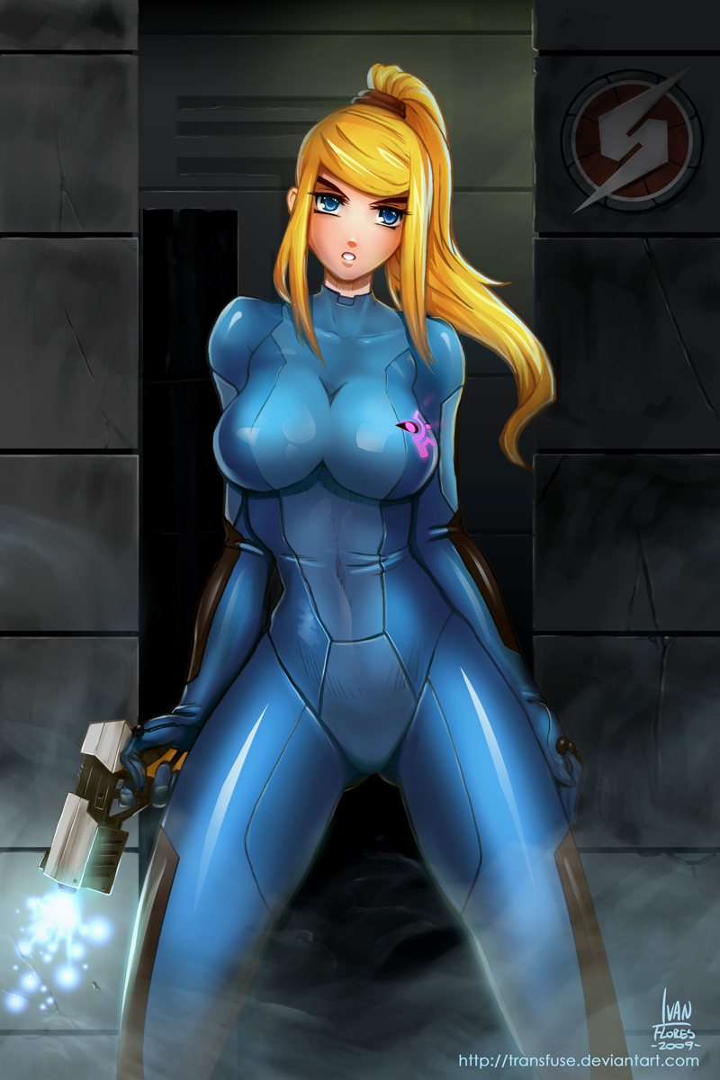 bangs blonde_hair blue_eyes bodysuit breasts glowing gun handgun highres impossible_clothes impossible_clothing ivan_flores large_breasts latex legs long_hair long_legs looking_at_viewer metroid nintendo pistol ponytail samus_aran scrunchie shiny shiny_clothes signature skin_tight solo spread_legs standing swept_bangs thick_thighs thighs weapon zero_suit