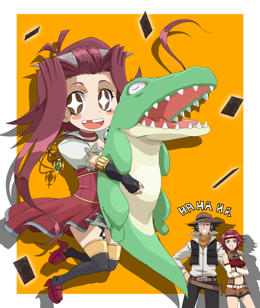 alligator card card_with_aura character_request chibi code_geass crocodile crossover fingerless_gloves floating_card gloves izayoi_aki jaga_note jewelry jim_crocodile_cook kallen_stadtfeld laughing look-alike missing_teeth missing_tooth necklace skirt take_it_home thigh-highs thighhighs yu-gi-oh! yugioh_5d's yugioh_gx yuu-gi-ou yuu-gi-ou_5d's yuu-gi-ou_gx