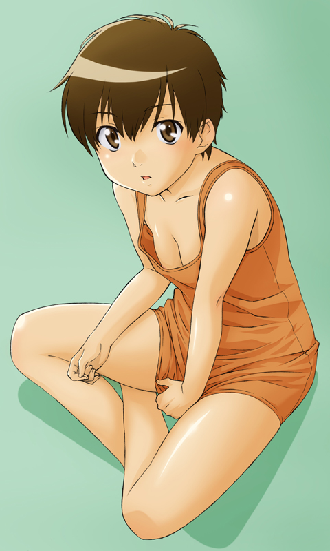 androgynous blush breasts brown_eyes brown_hair cleavage crossed_legs dress hourou_musuko indian_style legs rakugaki_(artist) reverse_trap sawa_jaaji short_hair sitting solo takatsuki_yoshino tomboy