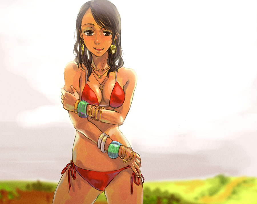 bracelet brown_eyes brown_hair dark_skin earrings jewelry necklace oira original side-tie_bikini swimsuit