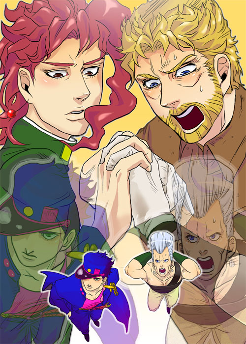 4boys beard black_hair blonde_hair facial_hair gakuran gloves grey_hair hat interlocked_fingers jean_pierre_polnareff jojo_no_kimyou_na_bouken joseph_joestar kakyouin_noriaki kuujou_joutarou multiple_boys pink_hair school_uniform sutocking