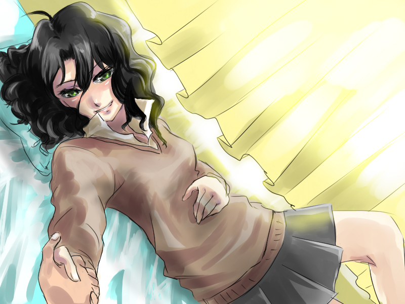 1girl amagami bed black_hair curtains dutch_angle green_eyes hand_holding holding_hands lying messy_hair on_back open_collar pillow ririclub sketch skirt smile sunlight sweater tanamachi_kaoru v-neck