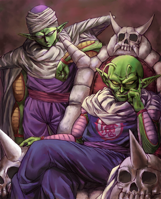 antenna arm arm_support cape crossed_legs dragon_ball dragonball dual_persona father_and_son green_skin grin piccolo piccolo_daimaou pointy_ears sitting skull smile spikes stargeyser support throne time_paradox turban