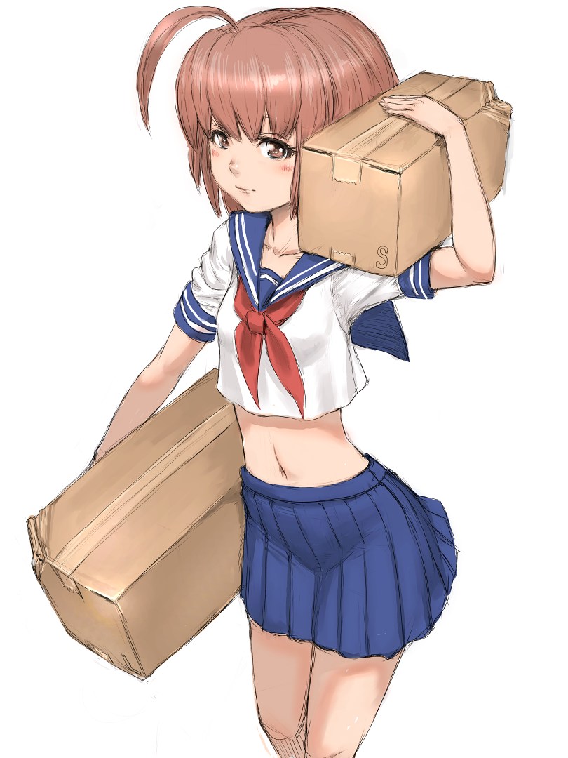 blush box brown_eyes brown_hair cardboard_box carrying carrying_over_shoulder carrying_under_arm crop_top flat_chest humio midriff pleated_skirt school_uniform serafuku short_hair simple_background skirt solo