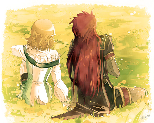 1girl asch blonde_hair couple good_end holding_hands long_hair namion natalia_luzu_kimlasca_lanvaldear red_hair redhead short_hair surcoat tales_of_(series) tales_of_the_abyss