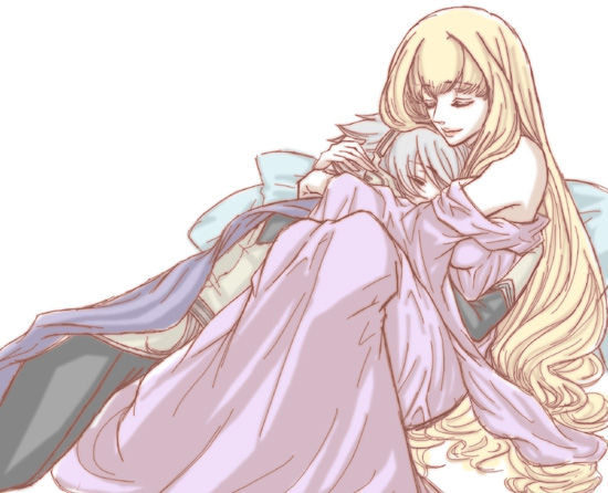 1girl albino blonde_hair cape closed_eyes couple dress gloves headphones hold holding hug leaning long_hair physis silver_hair sitting sleeping smile soldier_blue toward_the_terra tsutsuji_maki