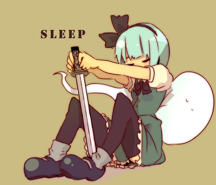 black_legwear blue_hair blunt_bangs bob_cut closed_eyes english hairband hitodama konpaku_youmu konpaku_youmu_(ghost) mary_janes myon outstretched_arms rawan shoes sitting skirt sleeping solo sword text thighhighs touhou weapon