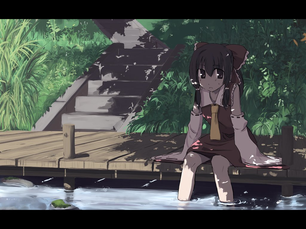 brown_eyes brown_hair detached_sleeves feet_in_water hair_bow hakurei_reimu letterboxed nature shade sitting soaking_feet stairs takuzui touhou wallpaper water