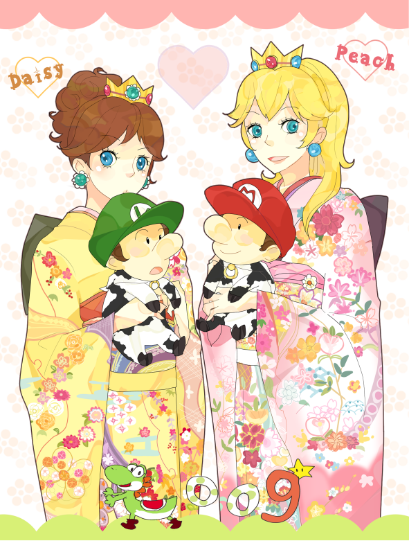 2009 2boys 2girls alternate_hairstyle baby baby_luigi baby_mario bad_id blonde_hair blue_eyes brown_hair cow_print crown earrings hat japanese_clothes jewelry kimono luigi mario mario_&amp;_luigi_partners_in_time super_mario_bros. new_year princess_daisy princess_peach shikanaka smile super_mario_bros. yoshi young