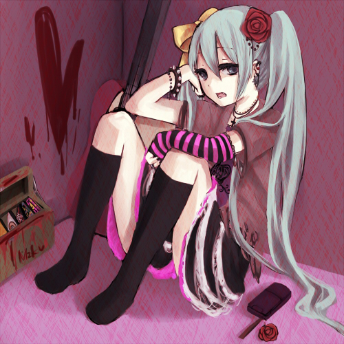 aqua_hair blue_eyes bracelet cellphone fingerless_gloves flower gloves guitar hair_ribbon hatsune_miku instrument jewelry knee_hug leg_hug lowres phone ribbon rose sitting socks solo striped striped_gloves twintails vocaloid wadaka