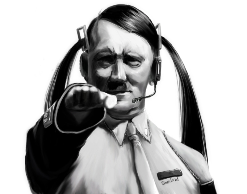 adolf_hitler cosplay crossover detached_sleeves facial_hair fusion hatsune_miku hatsune_miku_(cosplay) headphones heil_salute kpuro long_hair male microphone monochrome mustache necktie parody salute satire simple_background solo straight-arm_salute twintails vocaloid what